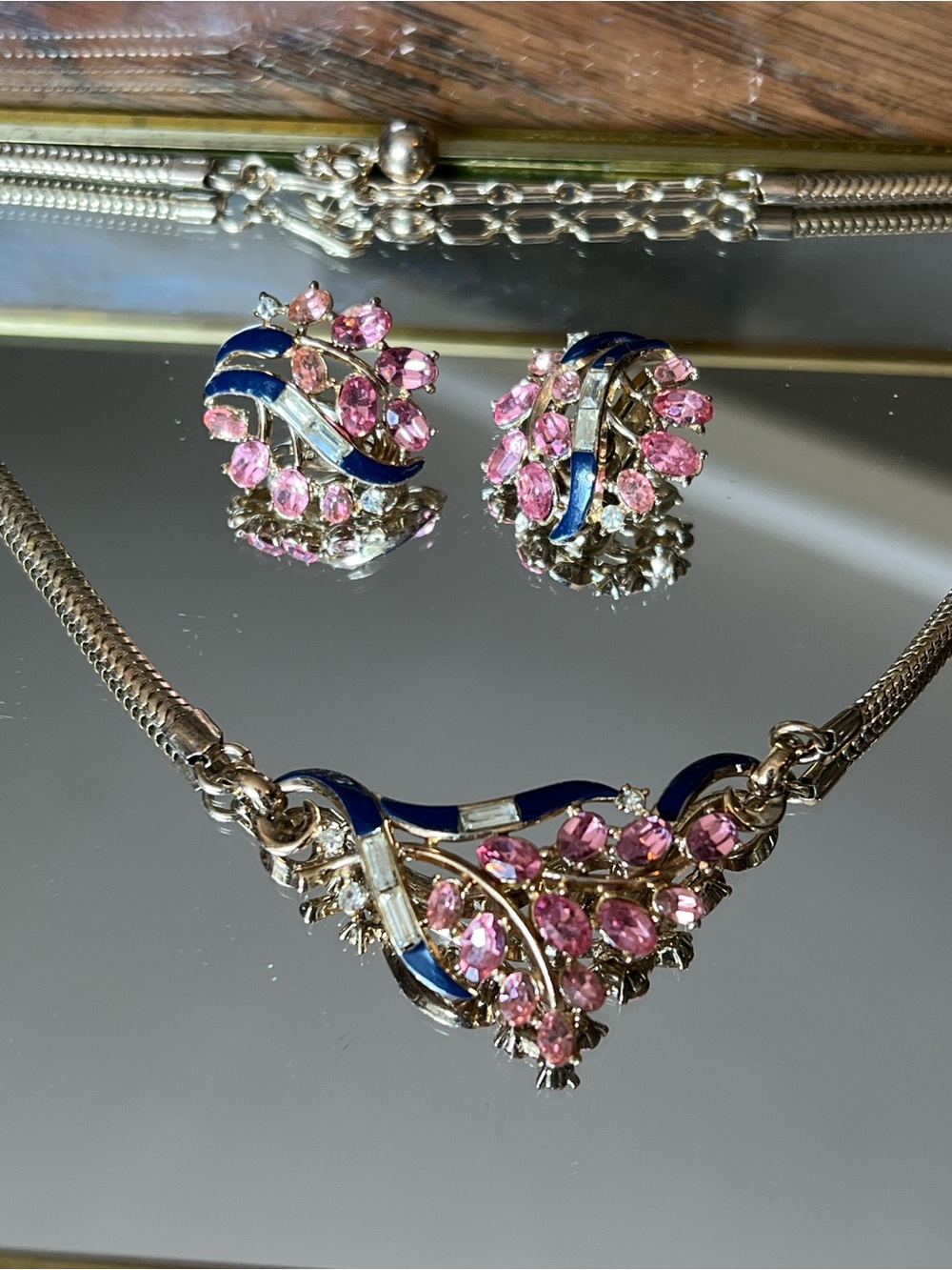 Crown Trafari Pink Crystal & Navy Enamel Set; Snake Chain Necklace and Earrings